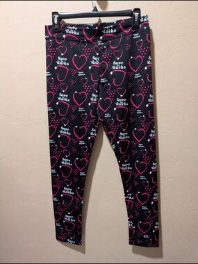 NWOT Womans Faniehose Save The Racks Breast Cancer Black & Pink Heart Leggings L